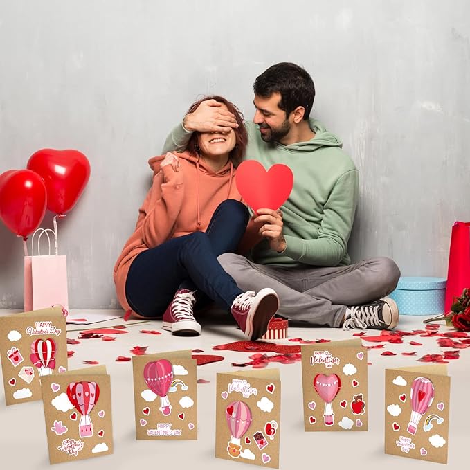 SYUCVQI 18 Pack Valentine's Day DIY Card Making Kit 3D Heart Hot Air Balloon Greeting Cards with Envelope Sticker Valentines Craft School Classroom Valentine Party Gift