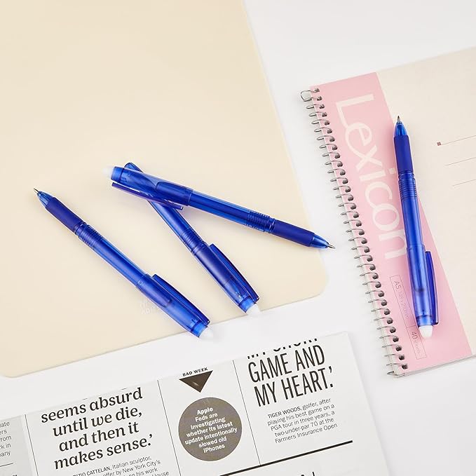 Volcanics 36 Pack Blue Erasable Gel Pens, 0.7mm Fine Point, Smooth & Fast-Drying Ink, Capped Design, Refillable School Office Pens for Students, Teachers, Note Taking & Journaling