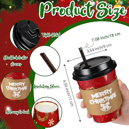 Lallisa 100 Sets Christmas Disposable Coffee Paper Cups Bulk with Lids Sleeves & Straws, 12 oz Red and Greenxmas Snowman Coffee Cups for Hot Cocoa Cold Tea Holiday Party Supplies