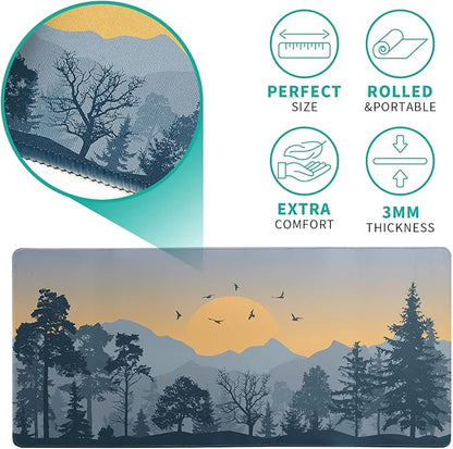 Mountain Gaming Mouse Pad 31.5x11.8 Inch Forest Large Mousepad Extended Grey Mousepad Gaming Non-Slip Rubber Base Stitched Edges Keyboard Mouse Mat Desk Pad for Office Home and Game