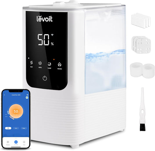LEVOIT Humidifiers for Bedroom Large Room, Smart Warm & Cool Mist Air Humidifier for Home, Fast Symptom Relief, 26dB Quiet, Easy Top Fill, APP/Alexa, Auto Shut-Off, Essential Oil, OasisMist4.5L, White