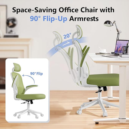 Computer Desk Chair, Ergonomic Office Chair M903 with Wheels, High Back Mesh Office Chair with Adjustable Lumbar Support, Headrest, Flip-Up Armrests, Green