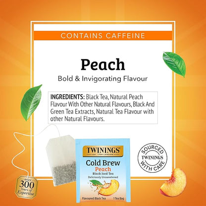 Twinings Peach Cold Brew Iced Tea Bags, 20 Count (Pack of 2), Unsweetened Flavoured Black Tea, Caffeinated, 20 Teabags