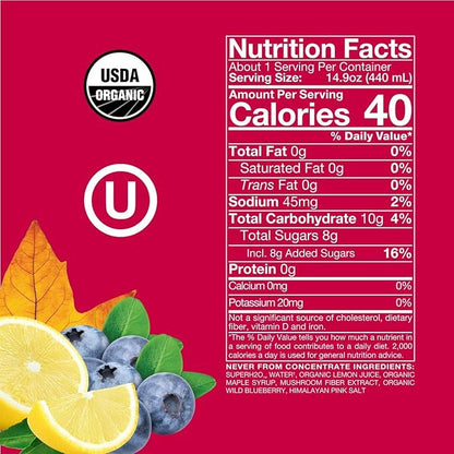 Organic SuperAde Hydration Drink with Powerful Anti-Oxidants, SuperFood Lemonade by Sol-ti, Cold-Pressed Wild Blueberry and Lemon Juice Blend, 16 Pack (14.9 Fl oz)