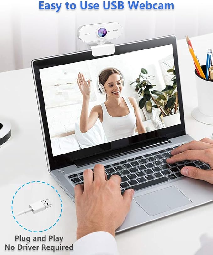 Webcam 1080P HD,Web cam with Microphone, Noise Cancellation, Wide-Angle Lens, Auto Light Correction, Plug & Play USB Webcam for Laptop, Desktop, PC, Mac, Zoom, Skype, Streaming,White