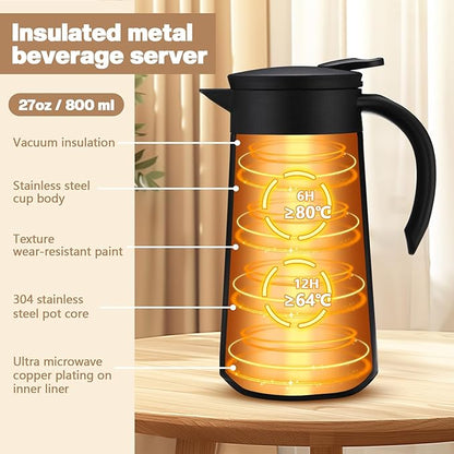 2 Pcs 27oz Thermal Coffee Carafe Stainless Steel Coffee Pot for Keeping Hot/cold Insulated Double Walled Vacuum Tea Pot with Press Button Drink Beverage Dispenser for Milk Tea(Black)