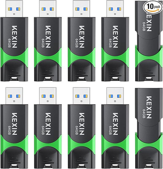 KEXIN 64 GB Flash Drive 10 Pack USB 3.0 Flash Drive 64G Thumb Drive 3.0 Memory Stick Data Storage USB Stick with LED Indicator,64G 10Pack Black+ Green