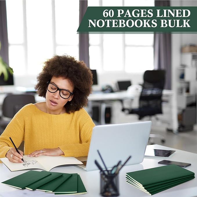 Mimorou 100 Pcs Kraft Notebook Journals 5.5 Inch x 8.3 Inch A5 Softcover Notebooks Bulk for Writing Sketch Office Notepad with 60 Pages 30 Sheets (Green,Lined)
