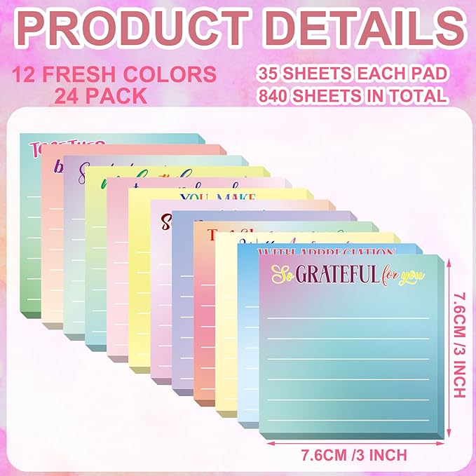Yinder 24 Pcs Inspirational Sticky Notes Christmas Stocking Stuffers Motivational Sticky Notes Pad Employee Appreciation Gift Bulk for Teacher Nurse Coworker Office 3 x 3'' (Thankful,Classic Color)