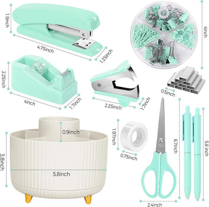 SKYDUE Teal Office Supplies Set, Office Desk Accessories 10Pcs, Pencil Holder for Desk, Stapler, Tape Dispenser, Scissors, Clips and 1000pcs Staples, School Supplies for Teacher