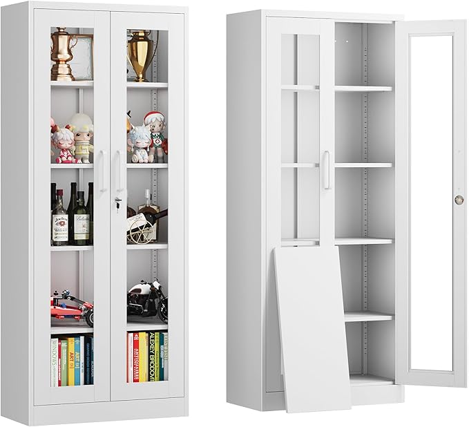 Display Storage Cabinet with Glass Door, 67 Inches Metal Curio Cabinet with 4 Adjustable Shelves, Lockable Glass Display Case for Home, Office, Clinic, Pantry, Assemble Required (White)