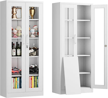 Display Storage Cabinet with Glass Door, 67 Inches Metal Curio Cabinet with 4 Adjustable Shelves, Lockable Glass Display Case for Home, Office, Clinic, Pantry, Assemble Required (White)