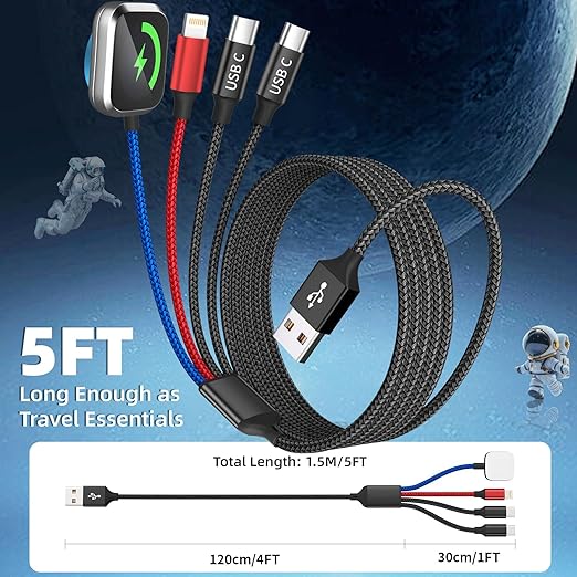 Dual Type-C 4 in 1 Charging Cable for Phone Watch Charger, Travel Essentials Multi Charging Cable iPhone Charger Cord Compatible with iWatch Ultra/SE/10-1, iPhone17 16 15 14, Android-1Pc 5FT