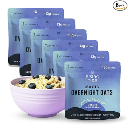 Mushroom Overnight Oats (6 Pack) Superfood Lions Mane Mushroom, Chia & Flax Seed - Organic Protein Oatmeal - High Fiber, Vegan, Gluten Free, Low Sugar - Easy Prep Plant Protein - Blueberry