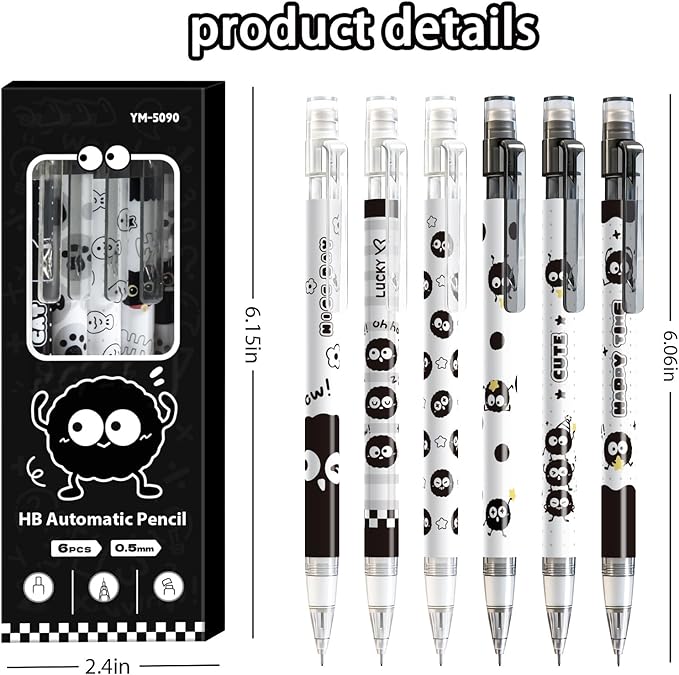 6Pcs Black Cute Mechanical Pencils with Eraser 0.5mm Kawaii Cartoon Mechanical Pencil School Pencil Gifts for Women Man