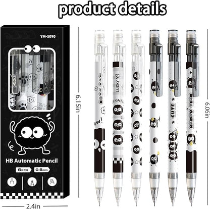 6Pcs Black Cute Mechanical Pencils with Eraser 0.5mm Kawaii Cartoon Mechanical Pencil School Pencil Gifts for Women Man