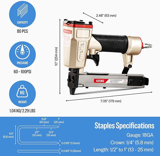 meite 425KC Narrow Crown Stapler, Fits 18 Gauge 1/4" Crown 1/2" to 1" Staples, with Safety Trigger, Heavy Duty Staple Gun for Wood, Furniture, Fabric, Leather, DIY & Professional Use