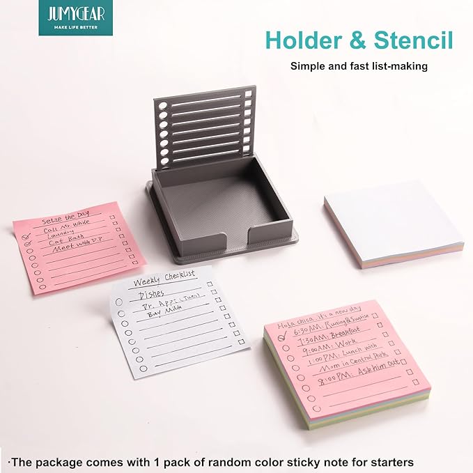 Sticky Note Holder Compatible with Post It Notes, 3x3 Sticky Pads Dispenser with Stencil, Memo Pad Organizer with Line Box Drawing Template for Office and Home