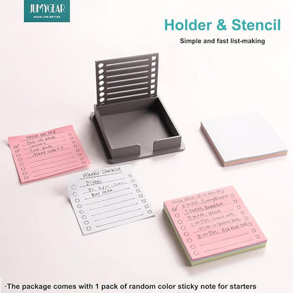 Sticky Note Holder Compatible with Post It Notes, 3x3 Sticky Pads Dispenser with Stencil, Memo Pad Organizer with Line Box Drawing Template for Office and Home