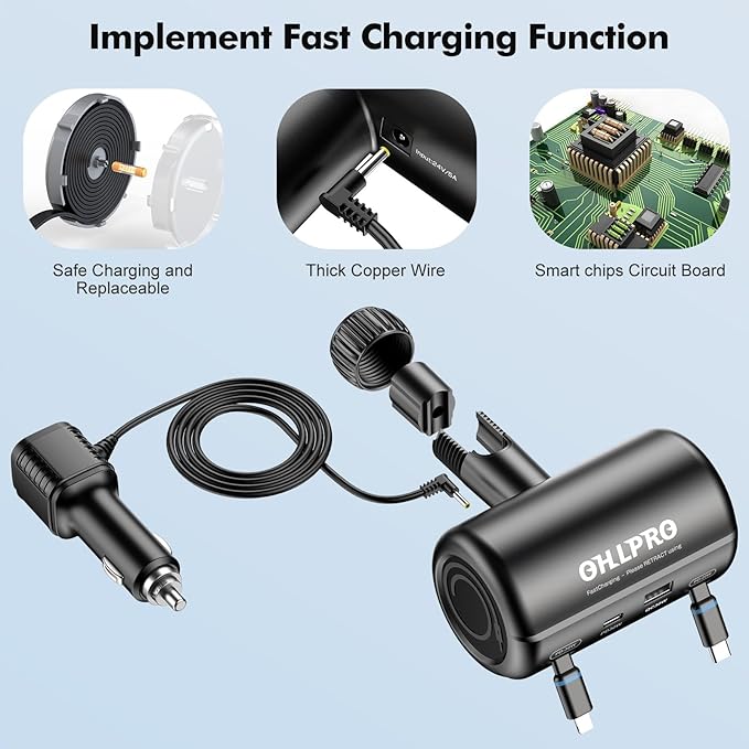 OHLPRO Car Back Seat Charger with Retractable Cables, Headrest Mount Phone Tablet Charger with USB-C PD30W & iOS PD20W Wires, 4-Port Adapter for Uber Taxi Rideshare, with Cigarette Lighter Plug