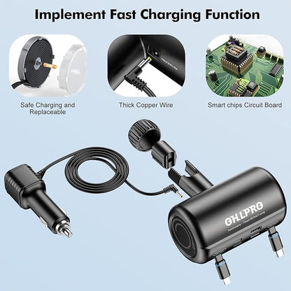 OHLPRO Car Back Seat Charger with Retractable Cables, Headrest Mount Phone Tablet Charger with USB-C PD30W & iOS PD20W Wires, 4-Port Adapter for Uber Taxi Rideshare, with Cigarette Lighter Plug