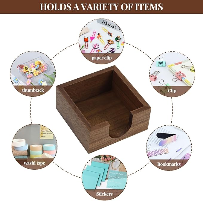 MultiBey 3x3 Sticky Note Holder, Walnut Wood Memo Cube Dispenser for Desk, Compact 3.6x3.6x1.3 Inch Post It Note Organizer, Office Desk Accessories for Home, School