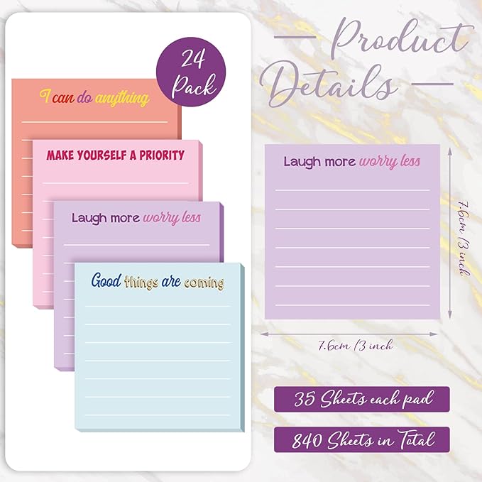 Yinder 24 Pcs Inspirational Sticky Notes Christmas Stocking Stuffers Motivational Sticky Notes Pad Employee Appreciation Gift Bulk for Teacher Nurse Coworker Office 3 x 3'' (Inspirational,Light Color)