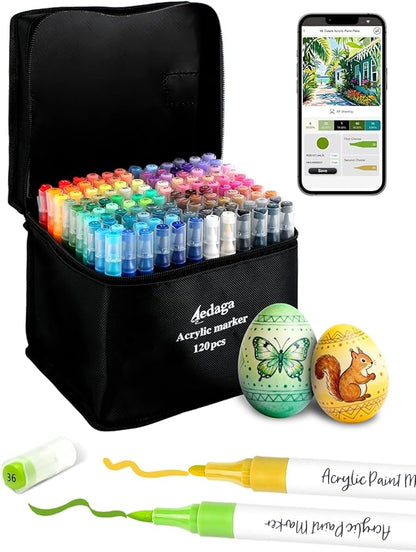 YHC 120 Colors Acrylic Paint Pens with Free App, Dual Tip Acrylic Paint Markers with Brush Tip and Fine Tip for Adults, Kids, Eggs, Wood, Rock, Canvas, Plastic, Stone, Glass, Ceramic