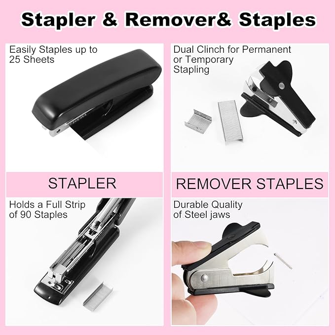 Desk Organizers and Accessories Set with 360-Degree Rotating Pen Holder, Tape Dispenser, Stapler, Staple Remover, 1000 Staples, Tape, Clips Set, Ruler, Scissor, Pen (Black, 10 Pcs Set)