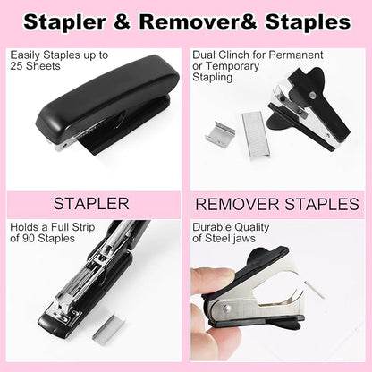Desk Organizers and Accessories Set with 360-Degree Rotating Pen Holder, Tape Dispenser, Stapler, Staple Remover, 1000 Staples, Tape, Clips Set, Ruler, Scissor, Pen (Black, 10 Pcs Set)