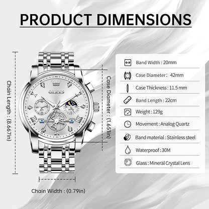 OLEVS Men Silver Watches,Men's Stainless Steel Chronograph Watch,Man Analog Quartz Big Face Male Watches Luxury Waterproof Roman Numeral Dress Diamond Relojes para Hombre