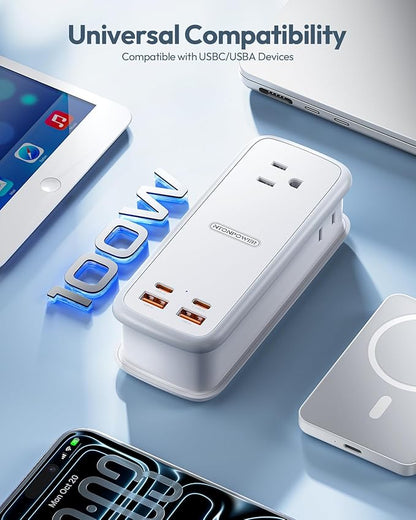 NTONPOWER 100W GAN Ultra Travel Power Strip, 7-in-1 USB C Charging Station with 3 Outlets 4 USB (2 Fast Charge)& 5ft Extension Cord, Compact Desktop Charger for MacBook, iPhone, Cruise, Office, White