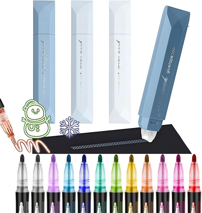 4-Pack Strong Double Sided Tape Roller with 12 Colors Double Line Outline Marker|0.23inx16.4ft Adhesive Tape Glue for Christmas Gift Wrapping,Scrapbooking,Photo,School Office DIY (Blue+12 Pens)
