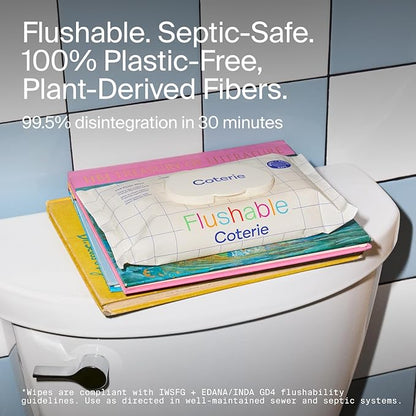 Coterie Flushable Wipes for Toddlers, Designed for Potty Training, Safe for Sensitive Skin, Hypoallergenic, 99% Water, Plant-Based, Fragrance Free, Sewer & Septic Safe, 4 Pack (224 Wipes)