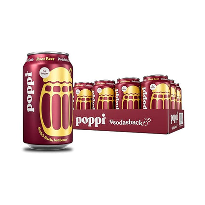 Poppi Sparkling Prebiotic Soda Beverage with Apple Cider Vinegar, Seltzer Water and Fruit Juice, Root Beer Flavor, 12 Fl Oz, Pack of 12, Packaging May Vary