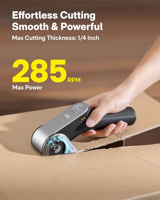 HOTO EdgeFlow Cordless Electric Scissors, Titanium Blade & LED Display, Rechargeable Cardboard Box Cutter, Self-Sharpening & Tool-Free Easy-Swap, Safety Lock, for Cardboard, Carpet, Leather, Crafting