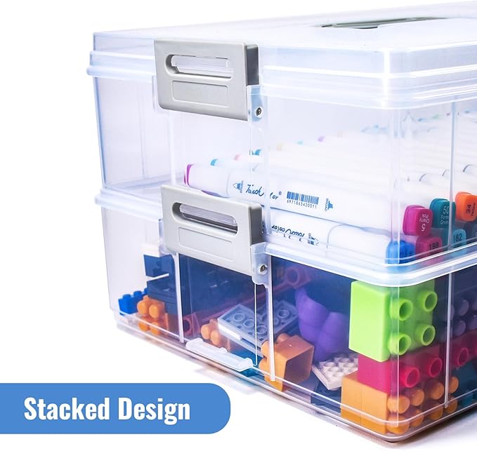 AZAZA 2-Layer Plastic Storage Box with Lid & Handle - Portable Transparent File Box for Organizing Photos, A4 Paper, Documents, Scrapbook, Art & Craft & Makeup | Paper & Art Supply Storage Organizer