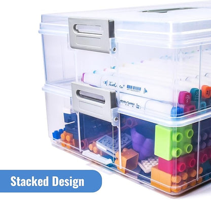 AZAZA 2-Layer Plastic Storage Box with Lid & Handle - Portable Transparent File Box for Organizing Photos, A4 Paper, Documents, Scrapbook, Art & Craft & Makeup | Paper & Art Supply Storage Organizer
