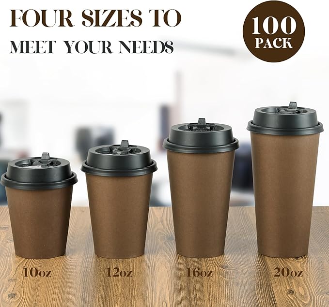 LITOPAK 100 Pack 12 oz Disposable Paper Coffee Cups with Lids for Coffee, Water, Juice, or Tea, Brown Hot Paper Cups for Home, Restaurant, Store, and Cafe