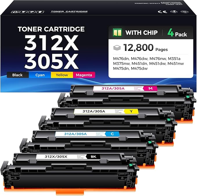 312X 305X Toner Cartridge Set 4-Pack Printer Replacement for HP 312A 305A CF380A CE410A for Laserjet Pro 400 Color MFP M475dn M475dw M451dn M451dw M451nw Pro 300 M375nw M351a M476dw M476nw M476dn Ink