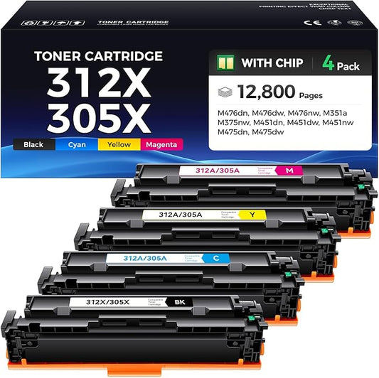 312X 305X Toner Cartridge Set 4-Pack Printer Replacement for HP 312A 305A CF380A CE410A for Laserjet Pro 400 Color MFP M475dn M475dw M451dn M451dw M451nw Pro 300 M375nw M351a M476dw M476nw M476dn Ink