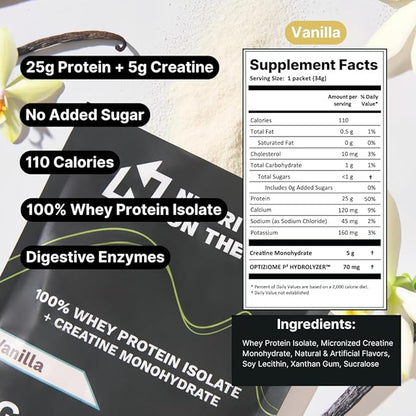 Nutrition On The Go Whey Protein Isolate Packets with Creatine – 25g Protein + 5g Creatine – Single-Serve Travel Protein Powder – Vanilla (60-Pack)