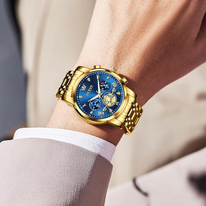 OLEVS Men Watches Stainless Steel Chronograph Watch, Large Wrist Analog Quartz Watch, Fashion Waterproof Diamond Roman Numerals Dress Watches for Men, Gold/Black/White/Blue/Grey Dial