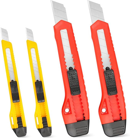 ORIENTOOLS Utility Knife Box Cutter Razor Auto-lock 4-Pack Set, Retractable Box Cutter Snap Off Blades Knife, for Office, Home, Arts, Crafts, Red and Yellow