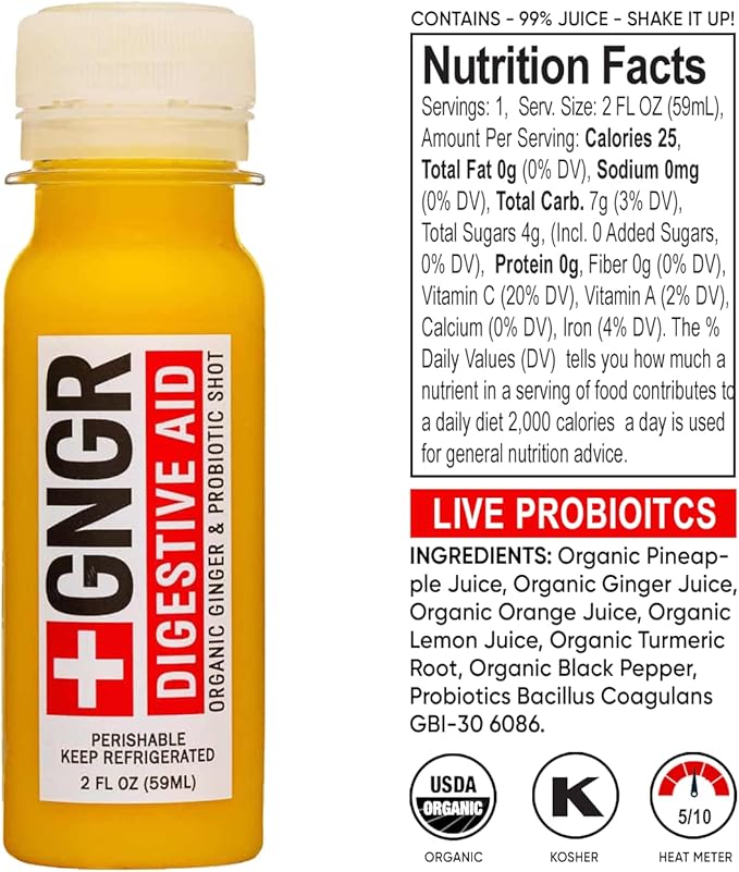 +GNGR Digestive Aid Organic Ginger Shots with Probiotics, Gut Health, Colon Cleanse, Bloating Relief, Gut Detox, Immunity Shots with Ginger Juice, Turmeric, Black Pepper. 2 fl oz (Pack of 12)