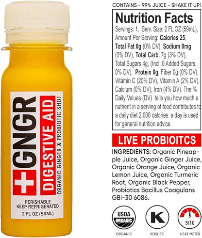 +GNGR Digestive Aid Organic Ginger Shots with Probiotics, Gut Health, Colon Cleanse, Bloating Relief, Gut Detox, Immunity Shots with Ginger Juice, Turmeric, Black Pepper. 2 fl oz (Pack of 12)