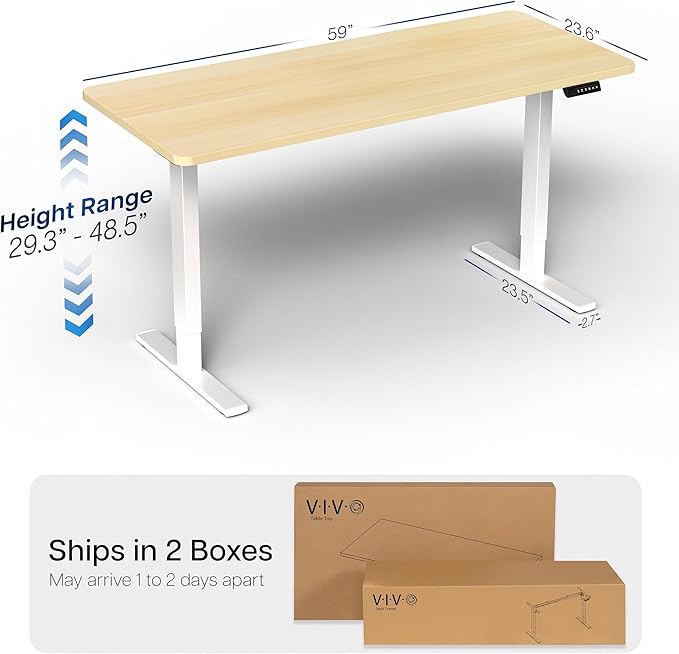 VIVO Electric 60 x 24 in Standing Desk, Memory Height Adjustment, 1B Series, One-Piece Light Wood Top, White Frame, DESK-KIT-1W6C