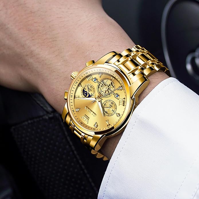 OLEVS Men Watches Stainless Steel Chronograph Watch, Large Wrist Analog Quartz Watch, Fashion Waterproof Diamond Roman Numerals Dress Watches for Men, Gold/Black/White/Blue/Grey Dial