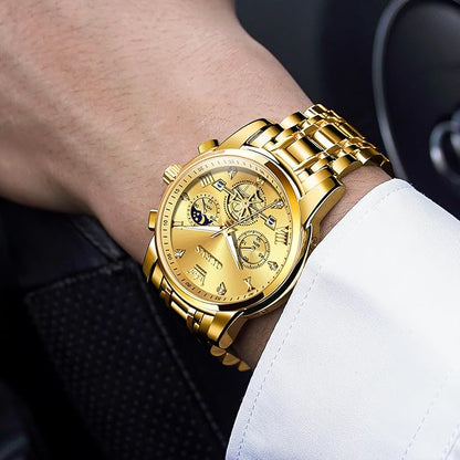 OLEVS Men Watches Stainless Steel Chronograph Watch, Large Wrist Analog Quartz Watch, Fashion Waterproof Diamond Roman Numerals Dress Watches for Men, Gold/Black/White/Blue/Grey Dial