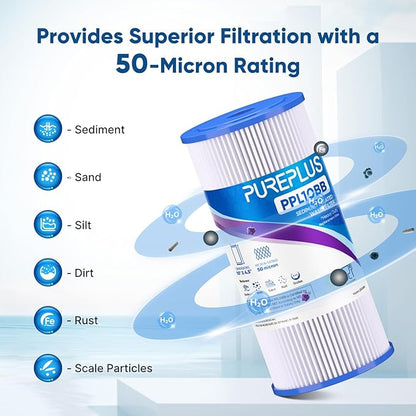 PUREPLUS 50 Micron 10" x 4.5" Whole House Pleated Sediment Filter for Well Water, Replacement Cartridge for GE FXHSC, Culligan R50-BBSA, Pentek R50-BB, DuPont WFHDC3001, W50PEHD, GXWH40L, 3Pack